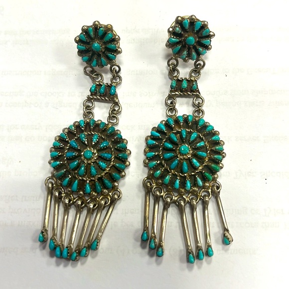 Vintage Native American Silver & Turquoise Double Drop Fringe Earrings - Picture 1 of 9